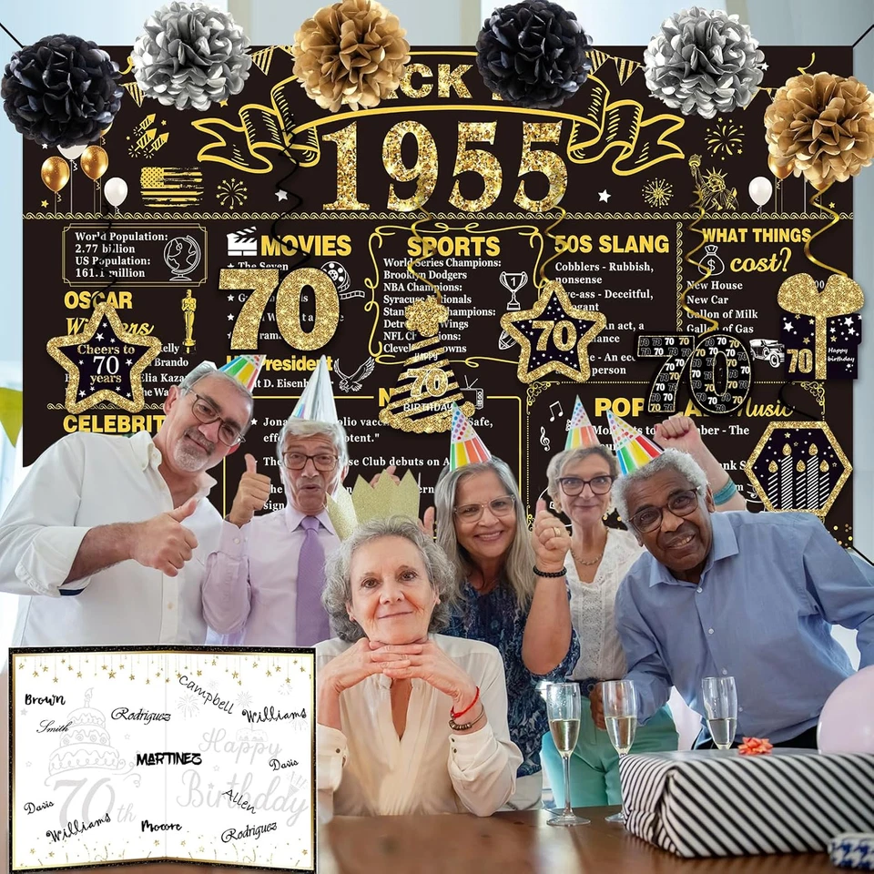 Decoraciones de cumpleaños 70 para hombres mujeres, 16 piezas en 1955 banner de fiesta decorati Foto 4 de 4