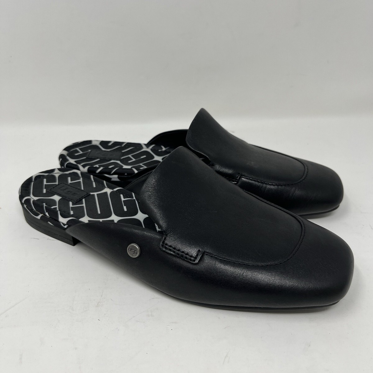Ugg Leather Mules Black Janaya Slip On Shoes Logo Spell Out Womens