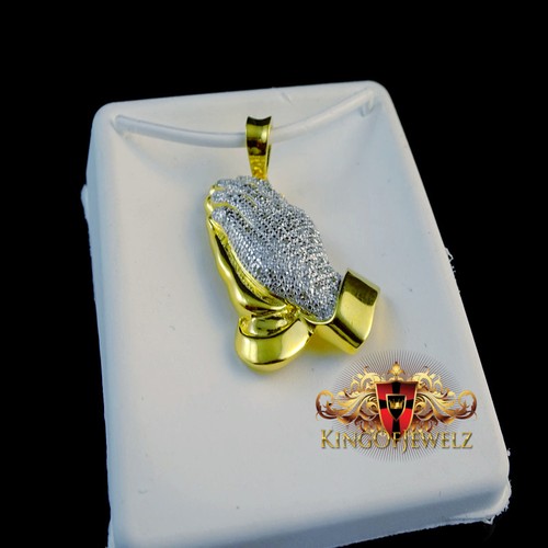REAL DIAMOND YELLOW GOLD G/P OVER STERLING MINI PRAYING HAND CHARM PENDANT CHAIN - Picture 2 of 9