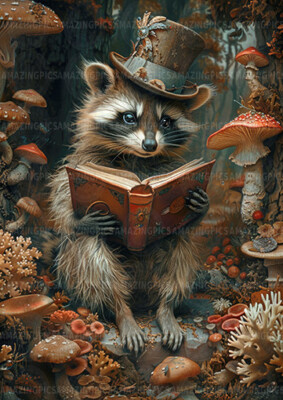 Waschbär liest Kunstdruck, skurrile Tierdeko, Pilz Wald Wandgeschenk Q14