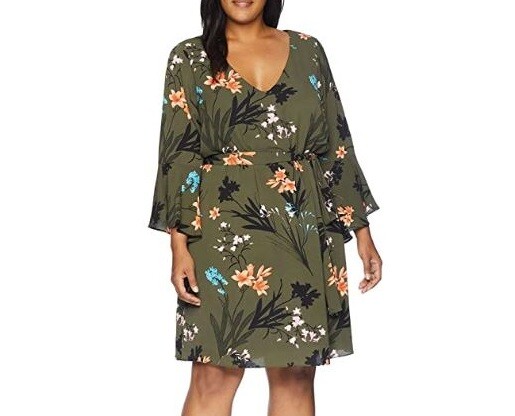 City Chic Womens Plus S/16 Green Jungle Floral 3/4 Bell Sleeve Belt Dress  NWTF14
