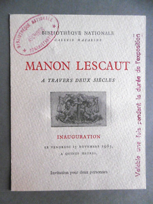 MANON LESCAUT DURCH ZWEI JAHRHUNDERTE Karton Ausstellung BNF 1963 Abbé Prévost