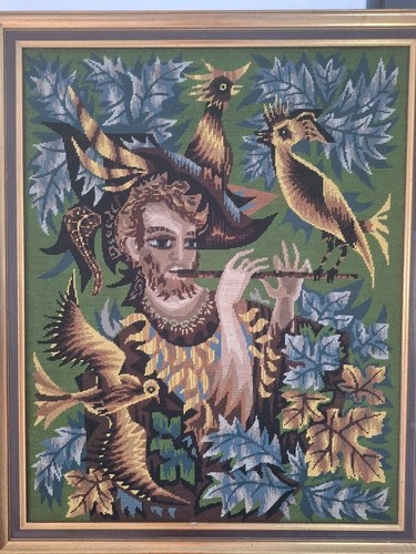 Tapisserie canevas Ancien 1950 "L'oiseleur"style Lurcat Tableau Vintage Encadré - Photo 2 sur 8