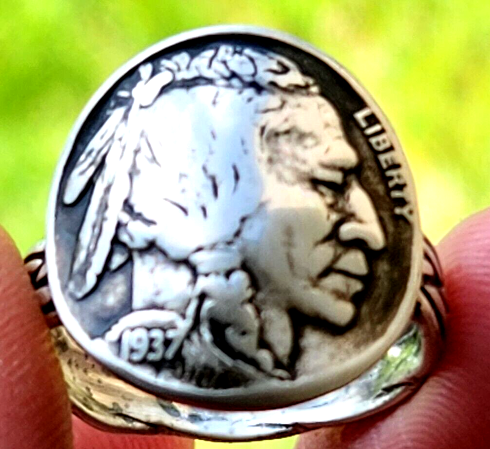 Authentic Buffalo Indian Nickel coin men signet ring sterling silver 11  size