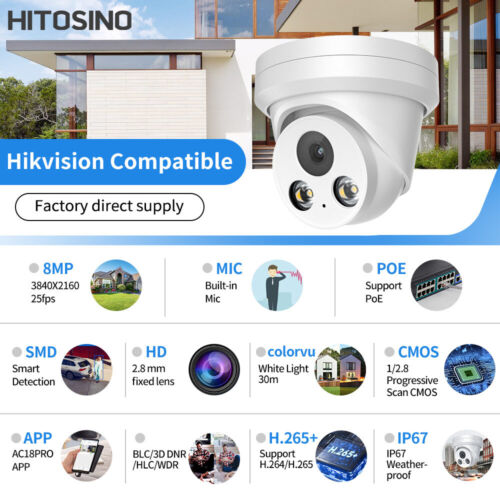 Hikvision Compatible 8MP 4K 24/7 ColorVU Mic Plug&Play POE IP Camera Outdoor - Picture 2 of 19