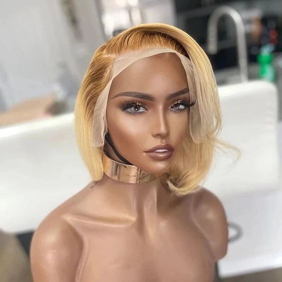 Short Bob Cut Human Hair Wig Sexy Dark Roots Blonde 4X4 Lace  display picture 1