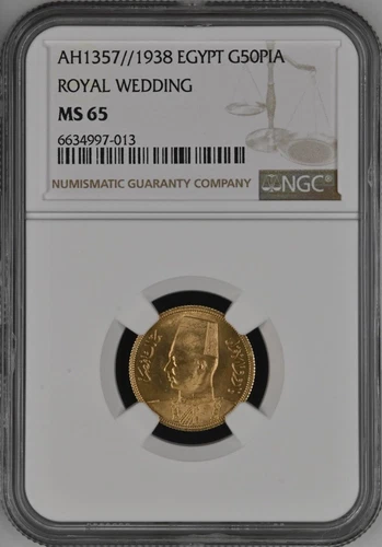 EGYPT , GOLD 50 PIASTRES KING FAROUK 1938 UNC - NGC MS 65 ,,, RARE13
