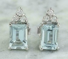 3.00Ct Emerald Cut Lab Created Aquamarine Stud Earring's 14K White Gold Plated