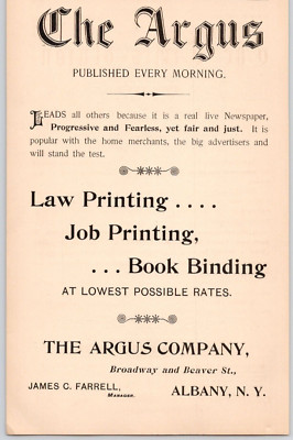 1890 The Argus Progressive and Fearless Argus Co Albany NY Print Ad