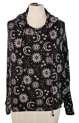 Midnight Bakery Womens Hacci Hoodie Size Small Celestial Sun Moon & Stars Black