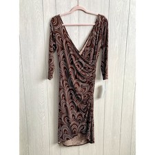 London Times Brown Ivory Long Sleeve Double V-Neck Dress 10 NWT