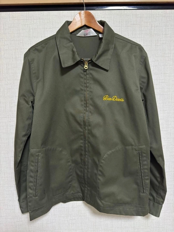 Ben Davis Khaki Work Jacket L Olive Zip Embroidered Logo Workwear - Image 2 of 4