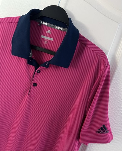 NEW Mens Adidas Golf Polo Pink Stripe Navy Collar Size L