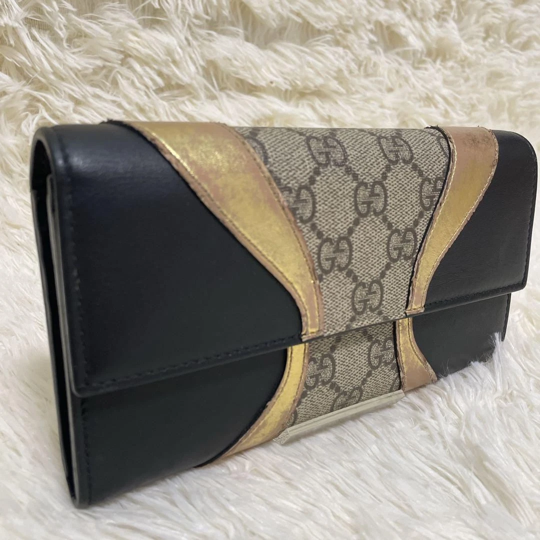 Gucci GG Supreme Portefeuille Long Noir Cuir Doré Unisexe