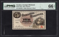 Sweden 5 Kronor 1944 P33aa Uncirculated Grade 66