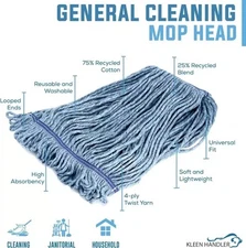 2 Kleen Handler Commercial Mop Head Refills, 6” Universal Headband, Cotton Blend