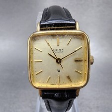 Citizen CQ Watch Women 22mm Champagne Dial Gold Tone Rectangle New Battery VTG