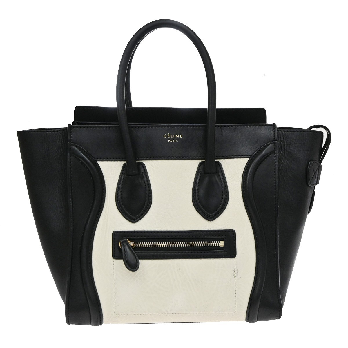 CELINE Logo Luggage Phantom Large Hand Tote Bag Leather Black White GHW 12EG408
