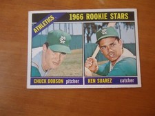 1966 Topps Rookie Stars Card # 588 Chuck Dobson Ken Suarez Oakland Athletics. rookie card picture