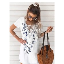 Lulus Down in Kokomo White Lace Up V Neck Dress Size Small