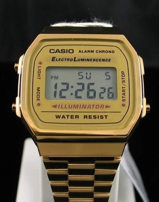 New MEN'S GOLD TONE STAINLESS STEEL DIGITAL WATCH A168WG -USA