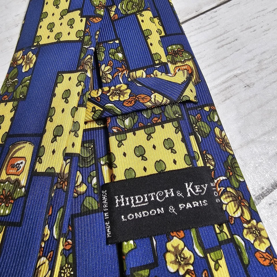 Corbata Hilditch & Key para hombre azul amarillo novedad tarros mermelada manzanas floral hecha en Francia Foto 4 de 4