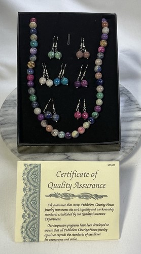 VTG Gemstone Bead Publisher Clearing House Necklace & 7 Pr Earrings Box Set