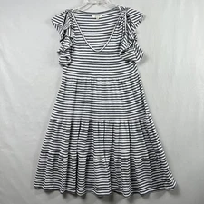 Max Studio Shift Dress Medium Tiered Stripe Blue Ruffle Stretch Coastal Nautical