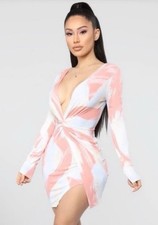 Fashion Nova Pink and White Asymmetrical Ruched Wrap Dress