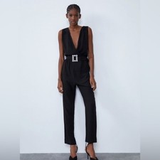 Women  s ZARA Black Jumpsuit with jeweled belt romper S