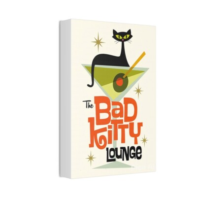 Mid Century Modern Atomic Cocktail Bar Wall Art, Black Cat Art Print ...