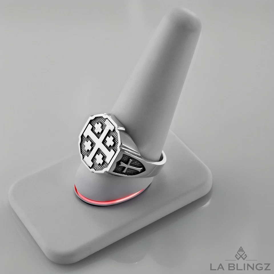925 Sterling Silver Jerusalem Cross Octagon Signet Ring – Mens Religious Jewelry - Image 2 of 4