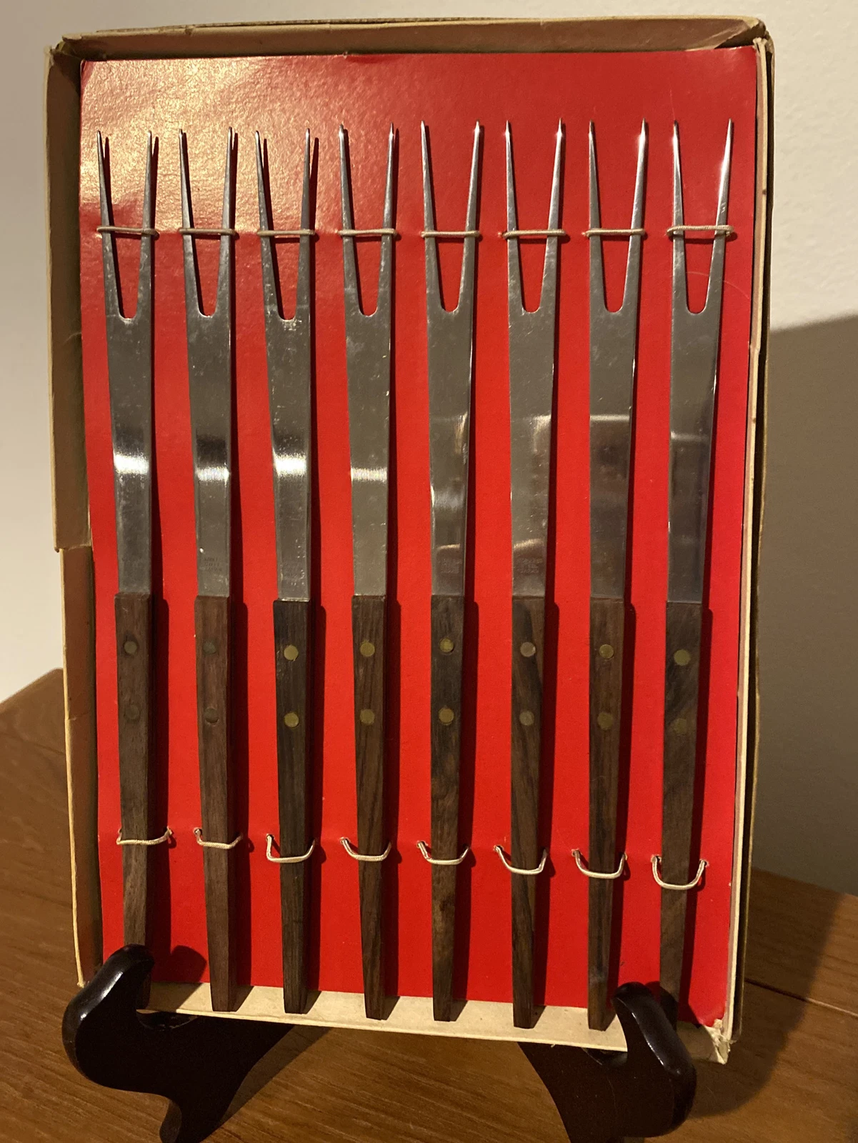 Vintage MCM Fondue Forks Set of 8 Stainless Steel Wood Handle Japan