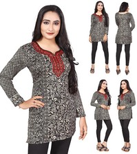 Silk Blend Black Women Fashion Ethnic Short Kurti Tunic Kurta Shirt Dress EXE04A