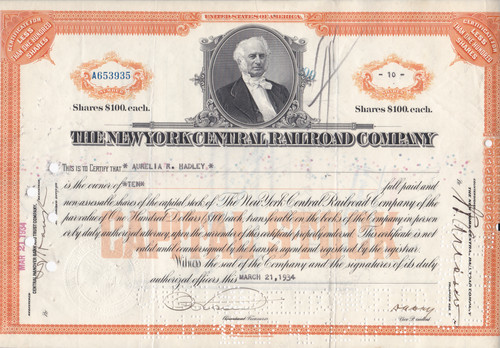 1934 The New York Central Railroad Company Stock Certificate Vanderbilt Portrait
