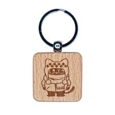 Cute Cat in Jacket is Ready for Winter Engraved Wood Square Keychain Tag Charm