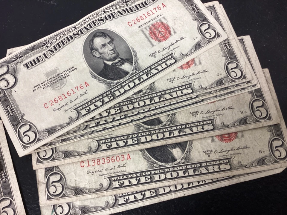 (Lot of 50) 1953-1963 $5 Legal Tender United States Red Seal Notes - Circulated - Image 4 of 4