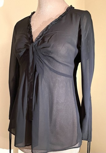 Esprit Black Sheer Top Blouse~UK 10 36 S~Frilly~Gathered Adjustable Long Sleeves - Picture 3 of 21