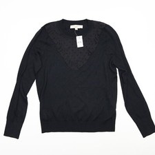 NEW Loft M Sweater Women's Black White Ruffle Sheer Dot Yoke Mixed Media
