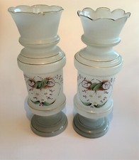 Pair of Vintage Hand Painted White Glass Vases (30 cm)