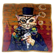 26"X26"Mr. Cat Print Pure Mulberry Satin Silk 12momme Scarf 65x65cm 4-13