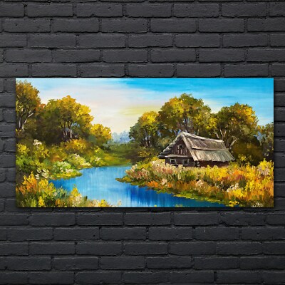 Malerei Wald Bäume Fluss Himmel Hütte 140x70 Acrylglasbild Plexiglas Wandbild