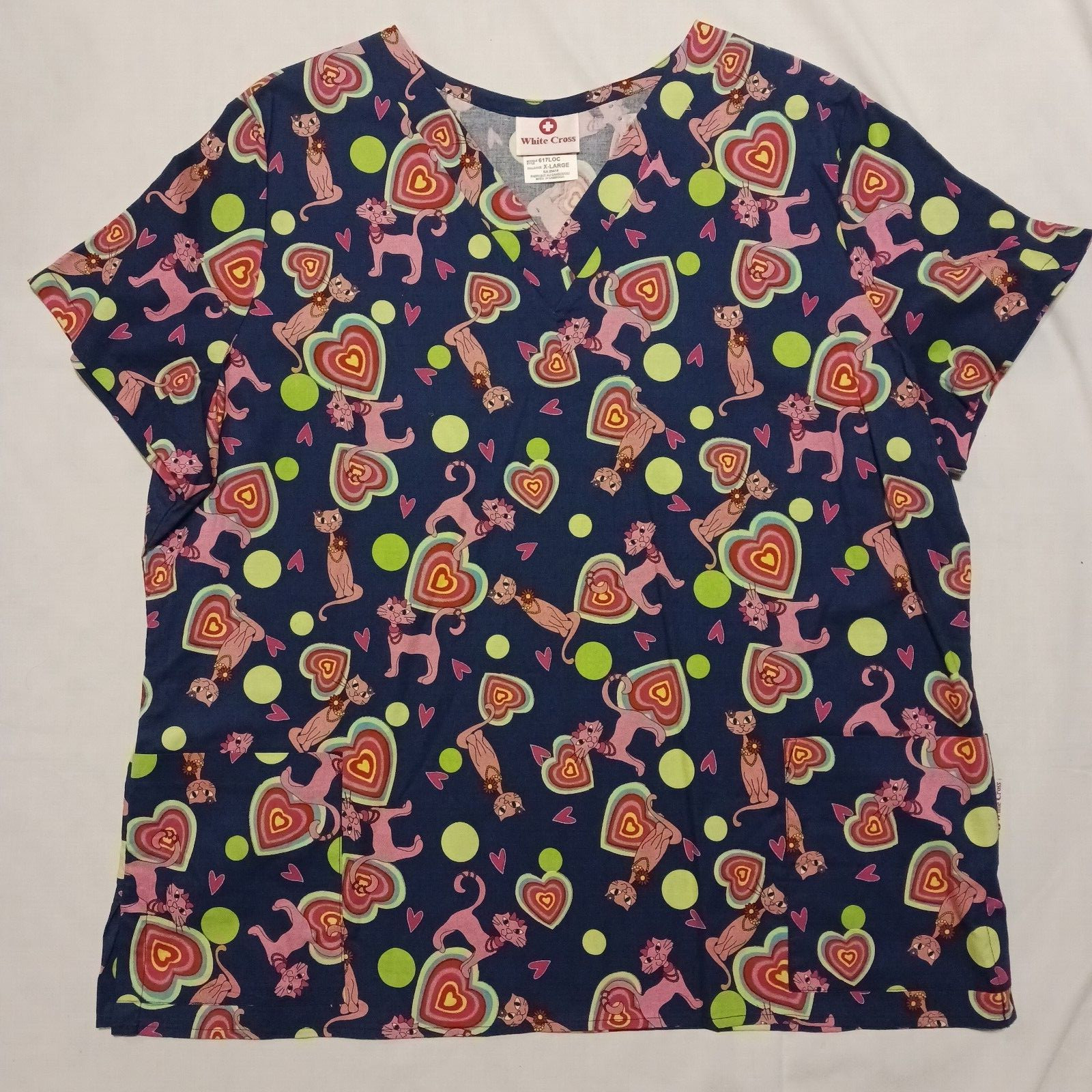 5 WHITE CROSS Women's L Scrub Tops CATS , 3 button up Bears, Noah's Ark, Floral