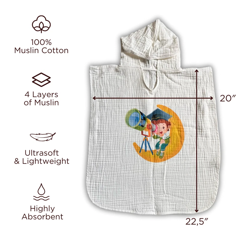PONCHO MUSELINA TOALLA DE PLAYA CON CAPUCHA 1-3Y LIGERO ULTRA SUAVE %100 ALGODÓN 4 CAPAS Foto 2 de 4