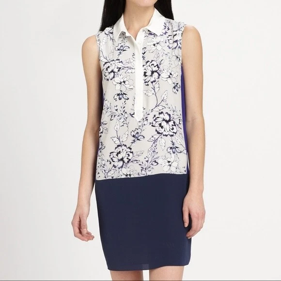 Rebecca Taylor Colorblock Floral Silk  Sleeveless Collared Blue Shirt  Dress 8❤️ - Image 2 of 4