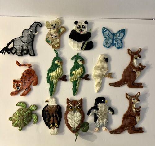 Vintage Handmade Plastic Canvas Needlepoint Various Animals Lot Of 14 - Picture 1 of 11