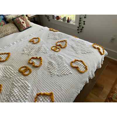 Vintage Crochet White And Yellow Handmade Throw Blanket With Heart Pattern