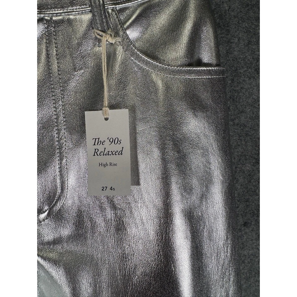 PANTALÓN MUJER ABERCROMBIE & FITCH 4S Plateado Cuero Vegano Años 90 Relajado tiro alto Foto 4 de 4