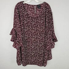 Liz Claiborne Woman Blouse Burgundy Print Silky Chiffon Ruffle Sleeve Sz 5X