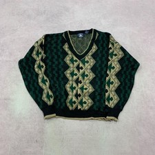 Vintage abstract knitted jumper Patterned Grandad v-neck knit sweater Men's XL